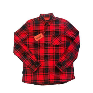 Hugo Boss Men's Red Plaid Ermann Long Sleeve Button Down Shirt Medium NWT